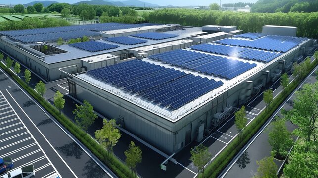 Aerial view of modern large-scale data center with sustainable energy solutions, solar panels on rooftop and green environment surrounding high-tech facility. 