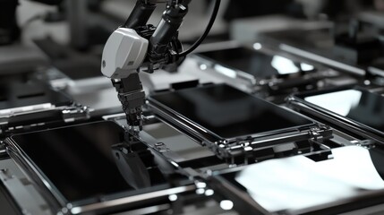 A robotic arm in a cutting edge electronics assembly line, mounting display screens onto smartphones with precision, Tech style