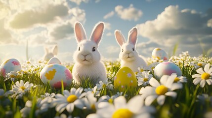 Fototapeta premium Easter scene: Bunnies, bright eggs, and daisies in a field under a pretty sky. Made in 3D.