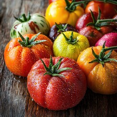 Fototapeta premium Vibrant heirloom tomatoes with water droplets on rustic wooden surface