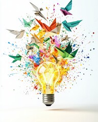 Vibrant light bulb bursting with colorful paint splashes and origami birds, symbolizing creativity and innovation