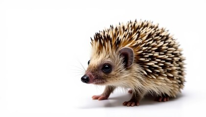 Obraz premium Single brown hedgehog on white, showcasing its spines and tiny features, prickles, small