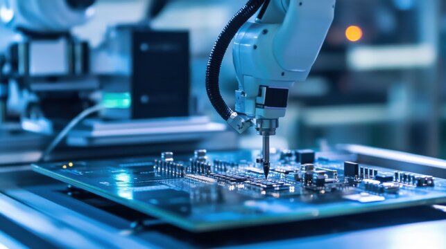 A robotic arm in a cutting edge electronics lab, assembling complex microchips for smartphone manufacturing with extreme precision, Electronics-tech style