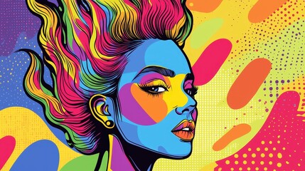 Naklejka premium Vibrant pop art portrait of woman with multicolored hair and bold makeup on abstract background