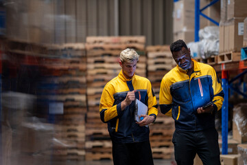 A team of engineers inspects the warehouse in a large storage warehouse. The inspection team uses...