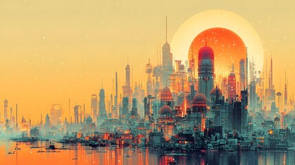 Obraz premium Futuristic city skyline at sunset, coastal view