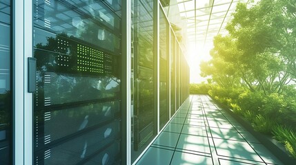 Modern eco-friendly data center with energy-efficient servers surrounded by lush greenery, symbolizing sustainable technology and green computing. 