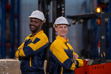 A team of engineers inspects the warehouse in a large storage warehouse. The inspection team uses electronic equipment to monitor the stored goods. staff are in safe working clothes in clean factory.