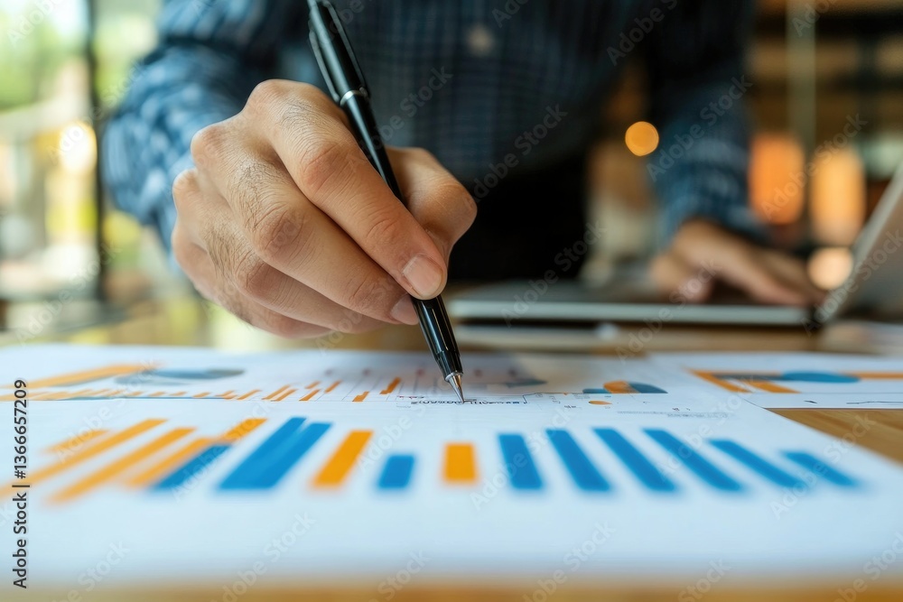Poster analyzing financial data with pen and laptop in business setting