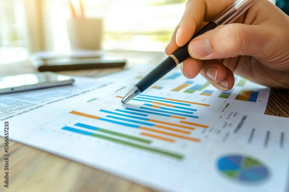 Poster analyzing financial data with pen on graph charts for business review