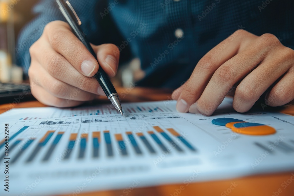 Poster analyzing financial data with pen on graphs and charts