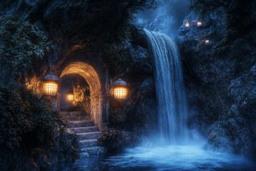 Mysterious waterfall with lanterns illuminating a serene cave entrance at twilight