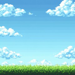 Pixelated blue sky with clouds, green field below. Use background, wallpaper, nature scenes