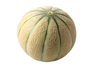 A single cantaloupe with a textured rind and green stripes isolated against a plain background transparent background