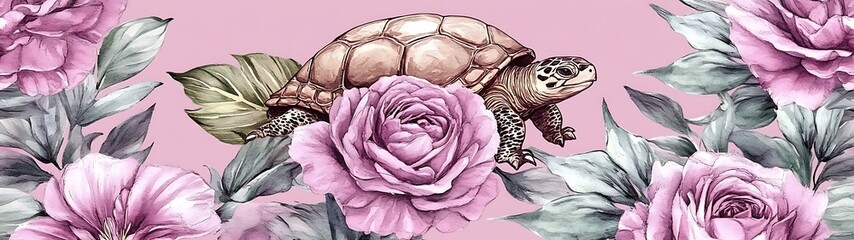 Obraz premium Turtle Amidst Roses.