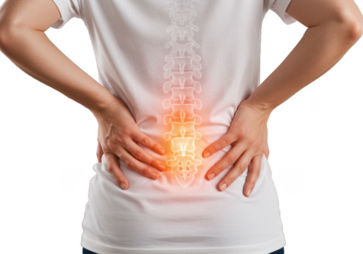 A person in a white shirt holding their lower back indicating back pain and possible spinal issues present