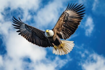 Obraz premium Bald Eagle Flying High Against Vibrant Blue Sky with White Clouds