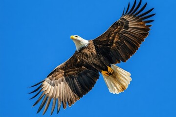 Fototapeta premium Bald Eagle Soaring in Clear Blue Sky with Wings Fully Extended