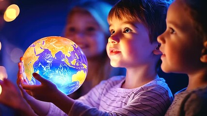 Joyful children learning about sustainability with a globe model in a classroom setting.