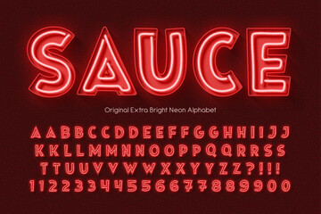 Neon light multicolored alphabet, retro-futuristic comic type.