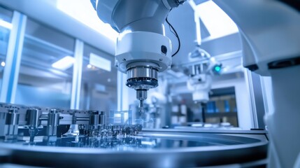 A robotic arm in a cutting edge space research facility, assembling satellite components with precision for interstellar communication, Space-tech style