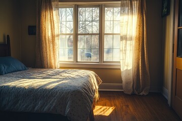 Bedroom Interior with Sunlight Streaming Through Window and Cozy Bed