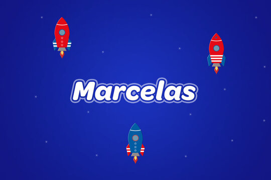 Marcelas male boy name illustration in blue with rockets.