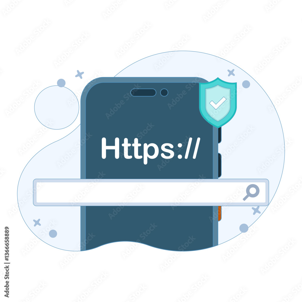 Poster safe website browsing concept, smart device with search engine bar, https lock and shield icon, onli