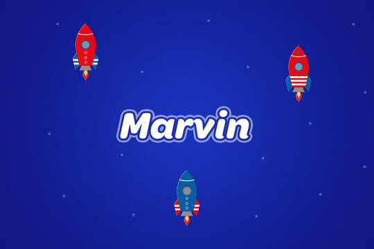 Marvin male boy name illustration in blue with rockets.