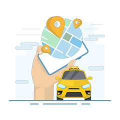 Taxi Rental Concept. Mobile phone with Taxi. Taxi service. Taxi service app on mobile screen. Online booking taxi car. Flat design illustration on background.