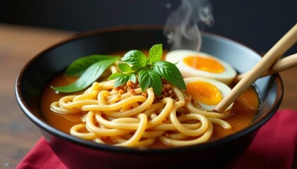 Steaming bowl of ramen noodles, chopsticks, egg, meal, vietnamese