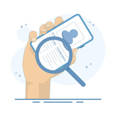 ID Verification Concept. Mobile Phone with Magnifying Glass. Ideal for security, technology, biometrics, subscription services, identity, workflow authentication. Flat Design Illustration.