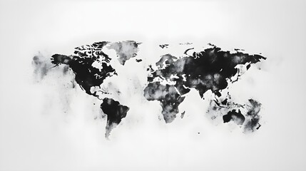 A simple black and white watercolor world map on a solid background