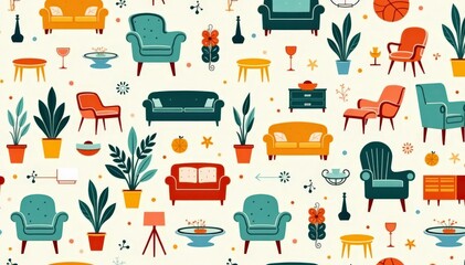 Stylish repeating pattern of stylized furniture silhouettes and home decor elements , chic, design, living