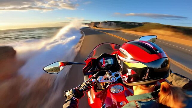  POV Helmet Camera of Female Motorcyclist on Red Ducati Panigale Speeding Along Australia&rsquo;s Great Ocean Road at Sunrise