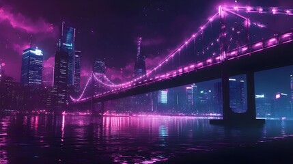 Fototapeta premium A bridge made of digital data and cyberpunk neon lights over the sea.
