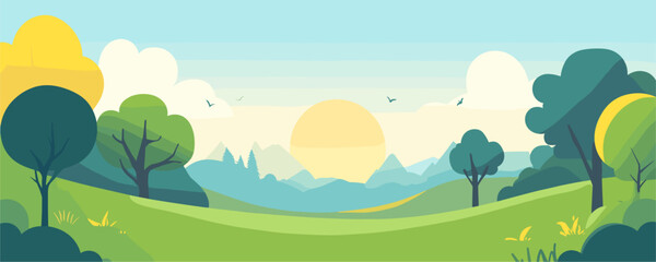 Obraz premium Scenic landscape with sunrise over green hills and trees in morning light - vector