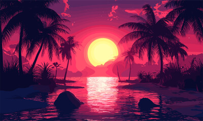 Tropical sunset over calm ocean with palm trees and reflection - vector