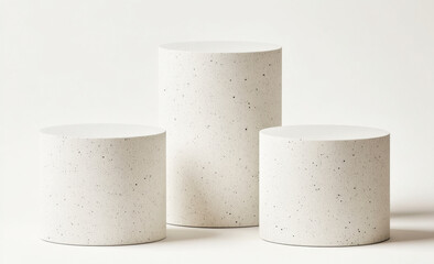 PNG Three varying height white podiums cylinder minimalist porcelain. 
