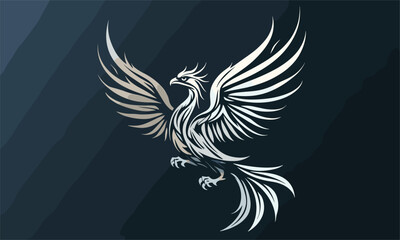 Obraz premium Elegant silver phoenix with outstretched wings on dark background - vector