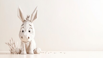 White Polygonal Donkey Figurine on Wooden Surface