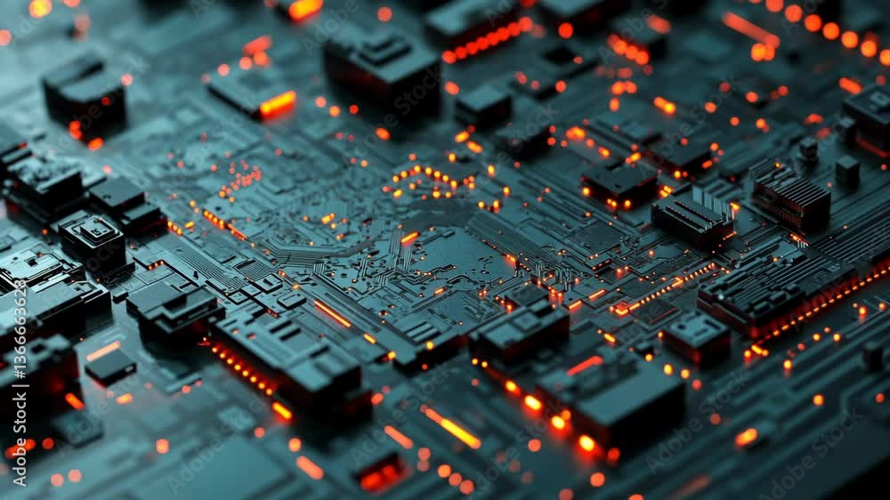 Poster circuit board with glowing details showcases advanced technology and intricate design in a dark sett