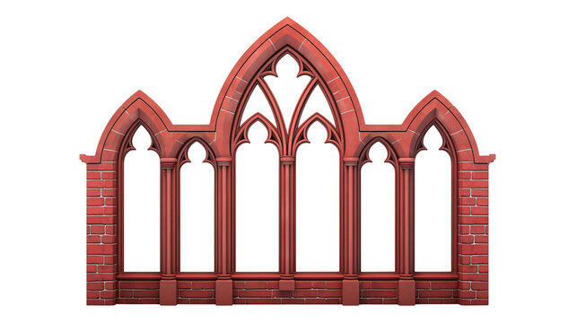Red brick gothic window frame with arches isolated object - Powered by Adobe