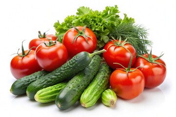 display of tomatoes and cucumbers on a white backdrop, highlighting fresh vegetables for health and wellness concepts