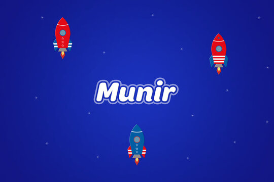 Munir male boy name illustration in blue with rockets.