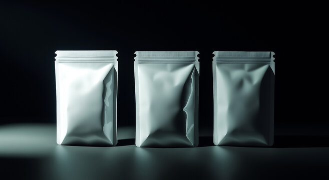 Fotografia noturna de tr&ecirc;s stand up bags brancos em branco com fechos de z&iacute;per para design de embalagem de maquete e branding, apresentando designs de produtos exclusivos em um ambiente escuro
