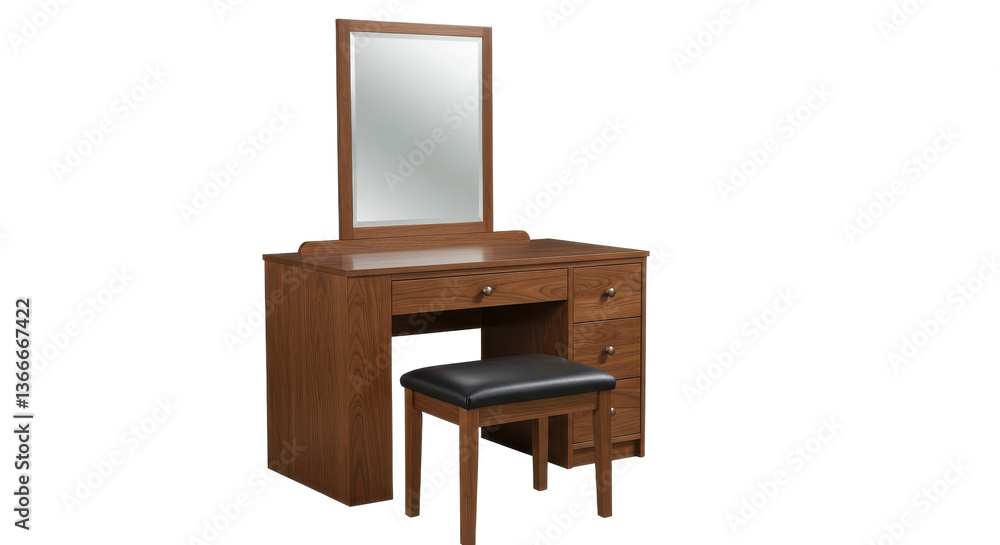 Aufkleber a brown vanity table with a mirror and a stool set against a dark background in a studio setting
