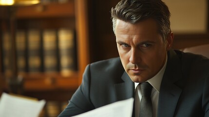 Fototapeta premium Lawyer negotiating contract law office serious expression intense gaze formal attire