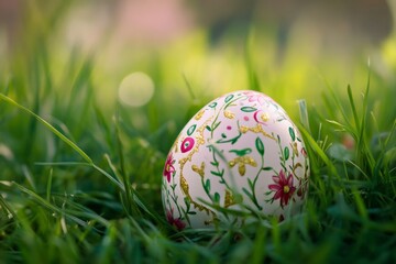 Fototapeta premium A beautifully decorated Easter egg is nestled in lush green grass, showcasing bright colors and intricate floral designs under soft sunlight Generative AI