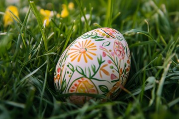 Fototapeta premium A beautifully painted Easter egg is nestled in lush green grass, surrounded by blooming flowers on a sunny spring afternoon Generative AI